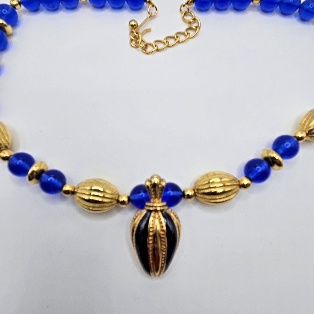 Vintage Avon Retro Necklace Clear Blue Beaded Gold Tone Pendant Statement 19"